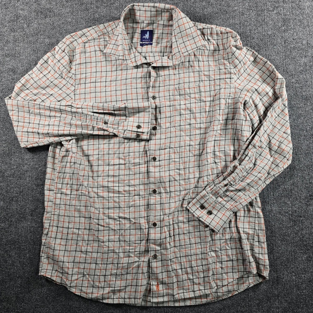 Johnnie-O Mens Large Plaid Button Down Shirt Gray Orange Long Sleeve Surfer Logo